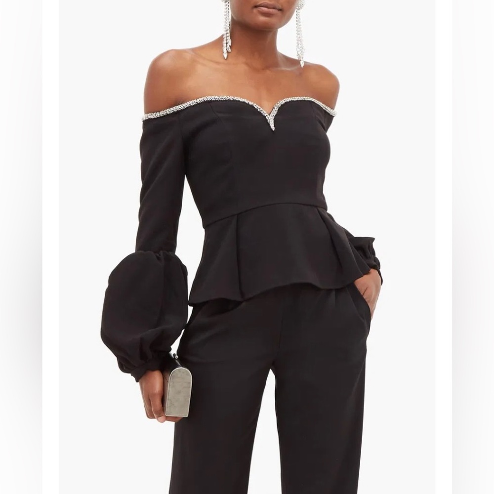 Self-Portrait crystal embellished black crepe puff sleeve top. Size 2